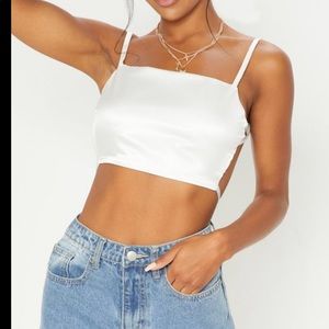 PLT Cream Satin Backless Strappy Crop Top